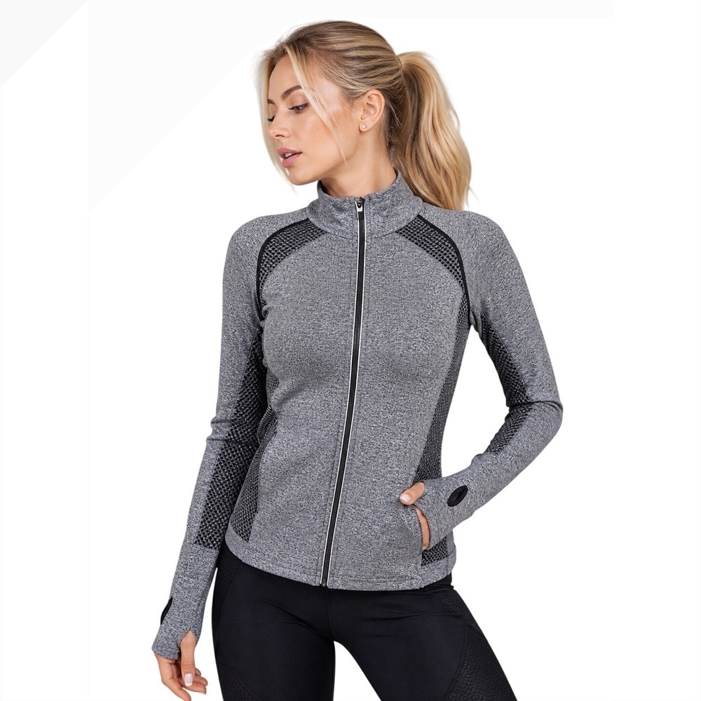 Bebe Sport Gray Full Zip Jacket Women L Athletic Mesh Activewear